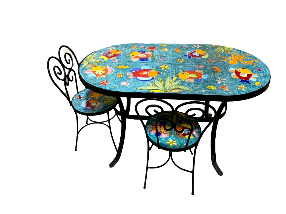 Tavolo Ovale cm.162x82 - Fondale Marino (verde smeraldo) Nino Parrucca in ferro e ceramica
