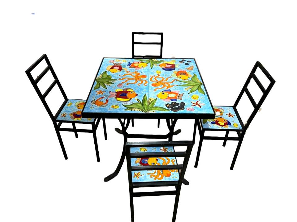 SET Tavolo con 4 Sedie Fondale marino celeste Nino Parrucca