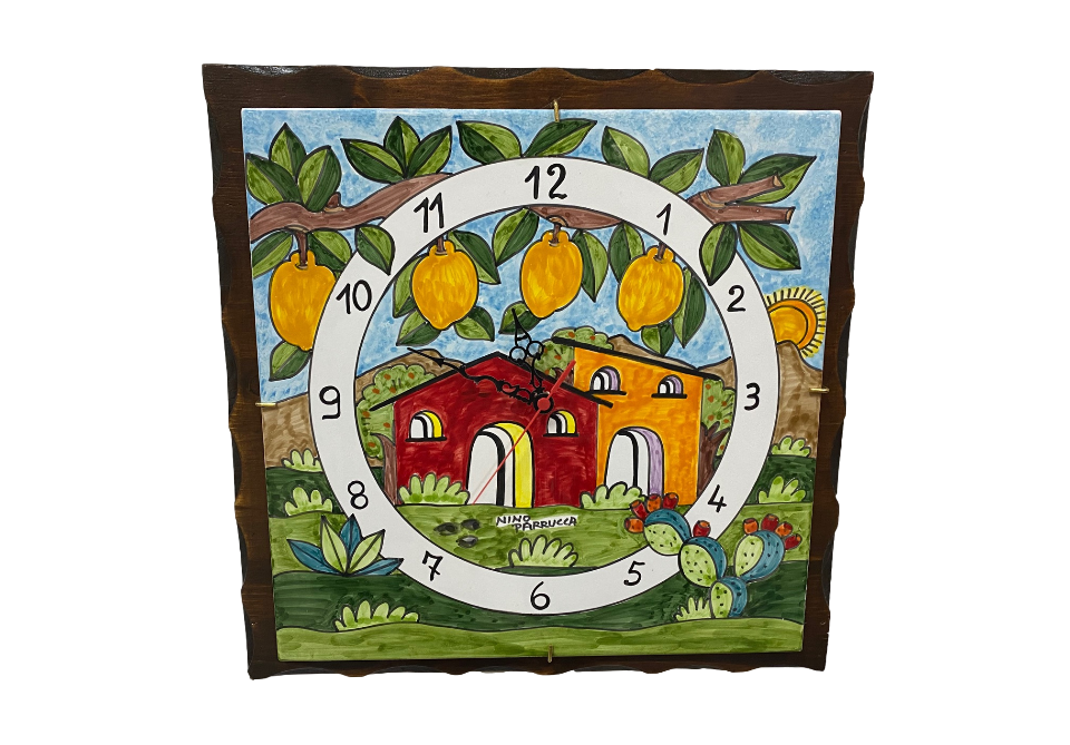 Piastra ad Orologio con base in legno  decoro casette con ramo limoni Nino Parrucca