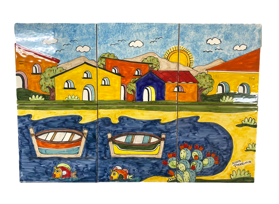 Pannello in ceramica da 6 piastrelle casette con golfo Nino Parrucca