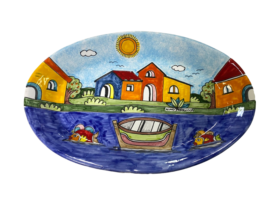 Piatto Ovale Grande 47x30 cm decoro Paesaggio con mare Nino Parrucca