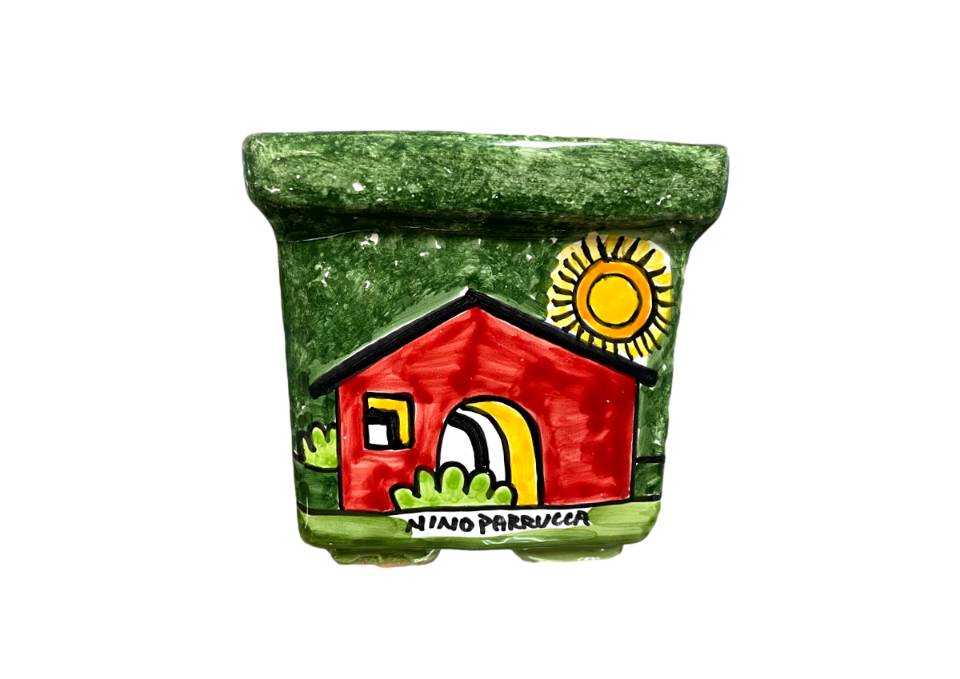 Cassetta Porta piante quadrata deocoro: paesaggio di casette fondo verde Nino Parrucca
