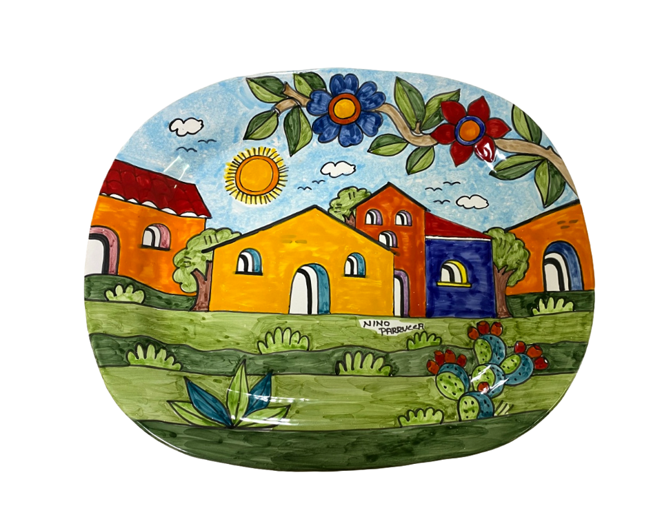 Piatto Rettangolare decoro: paesaggio con ramo di fiori Nino Parrucca