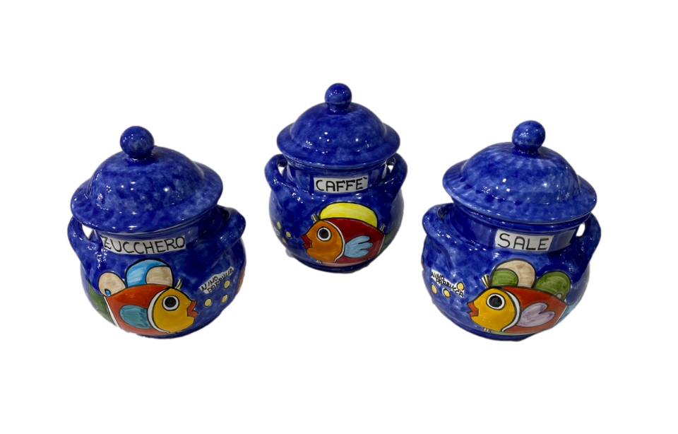Barattolo pentolino in ceramica pesci blu in 2 misure Nino Parrucca