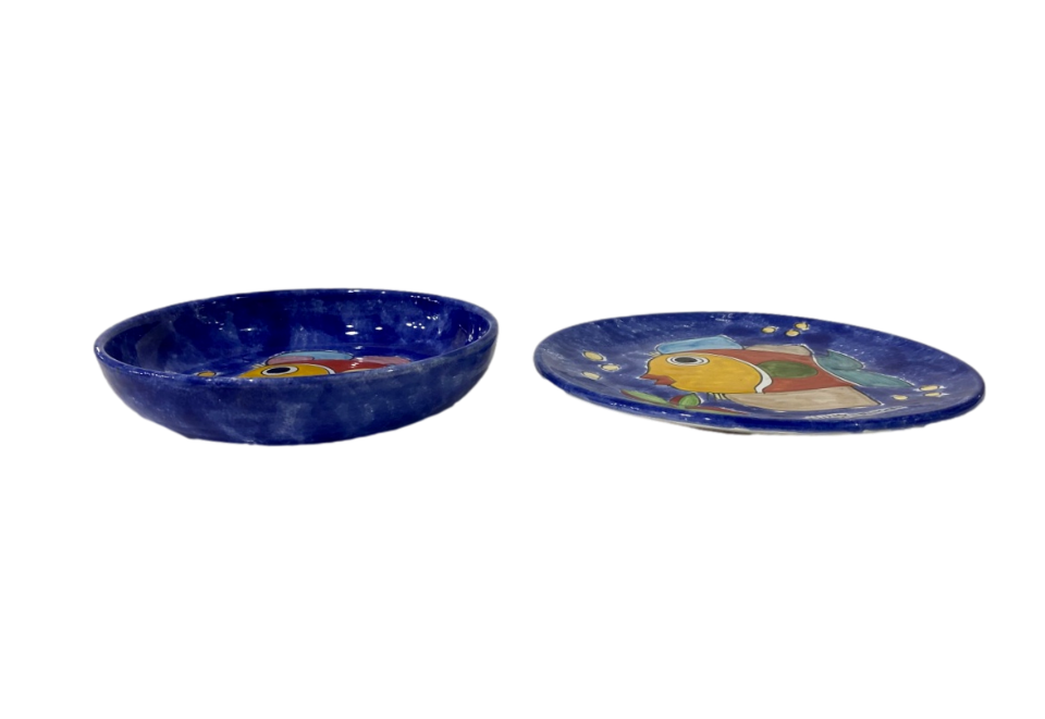 Set Posto Tavola 146B + 147 Pesci su fondo blue smalto Nino Parrucca