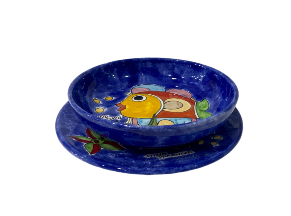 Set Posto Tavola 146B + 147 Pesci su fondo blue smalto Nino Parrucca