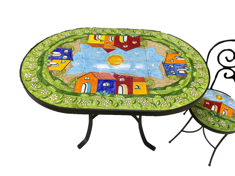 Tavolo in ferro e ceramica 120x80 - Casette e margherite Nino Parrucca