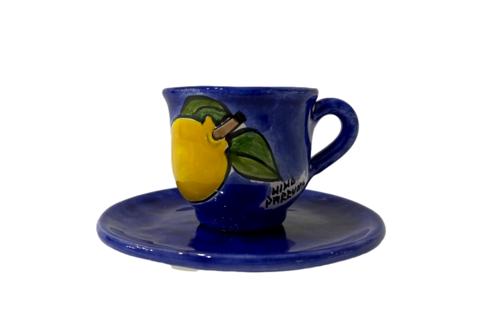 Tazzina da caffè con piattino decoro Limoni fondo blu elettrico Nino Parrucca