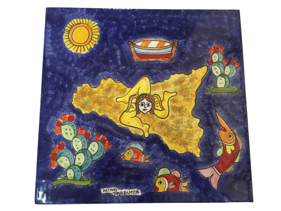 Piastrella decoro Sicilia e trinacria in ceramica Quadrata Nino Parrucca