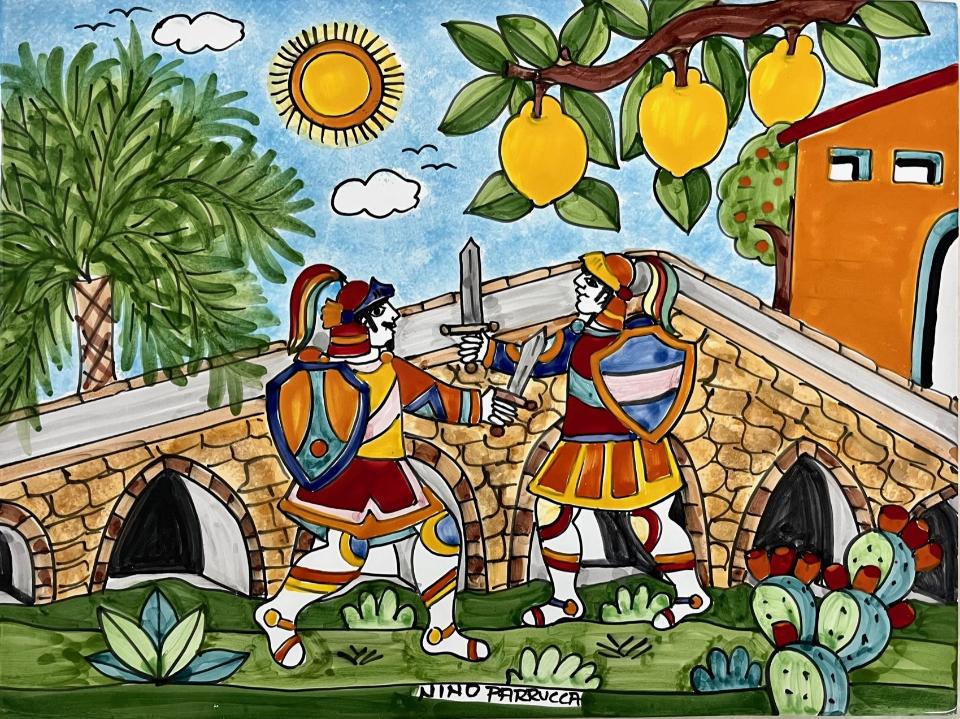 Piastrella in ceramica decoro: Battaglia di Paladini Rettangolare con Ponte dell'Ammiraglio Nino Parrucca