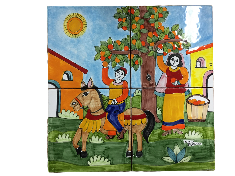 Pannello da 4 piastrelle in ceramica decoro Raccolta di arance Nino Parrucca