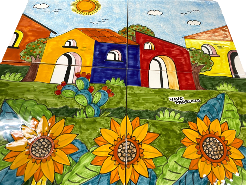 Pannello da 4 piastrelle in ceramica - Paesaggio di casette con girasoli Nino Parrucca