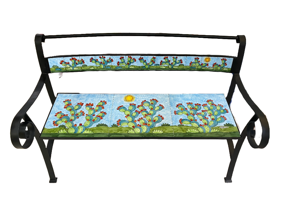 Panchina 3 Posti con braccioli - Fichi d'India Nino Parrucca in ferro e ceramica