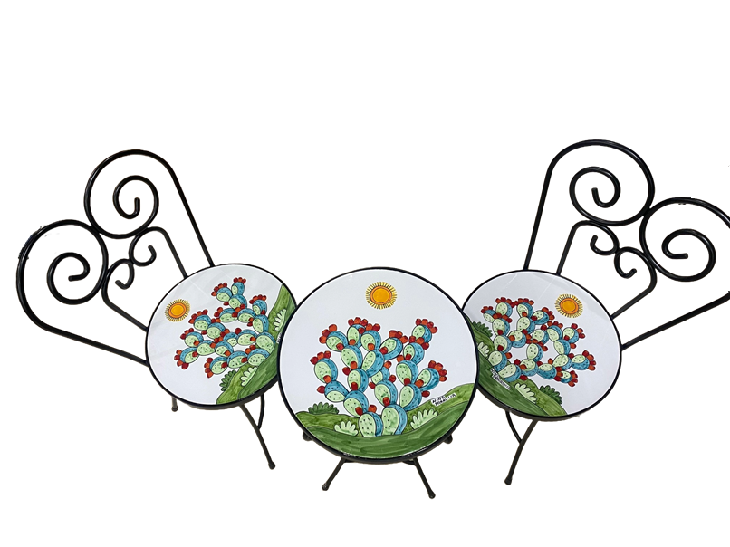 ST3 - Set tavolo e sedie - Pale di fichi d'india fondo bianco Nino Parrucca in ferro e ceramica