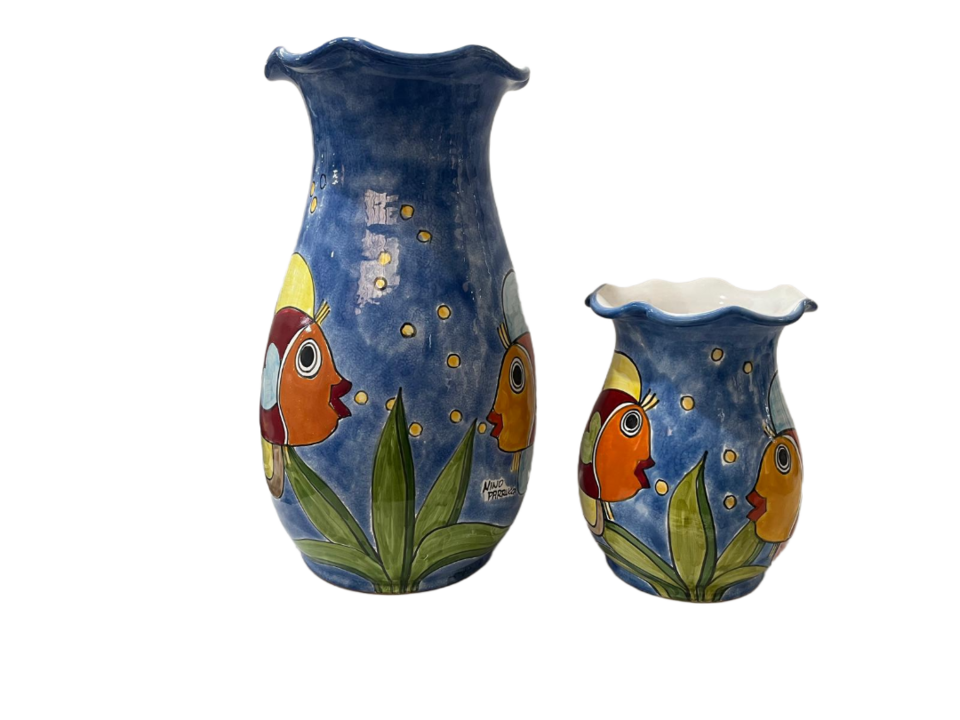 Fioriera alta smerlata decoro pesci in ceramica Nino Parrucca