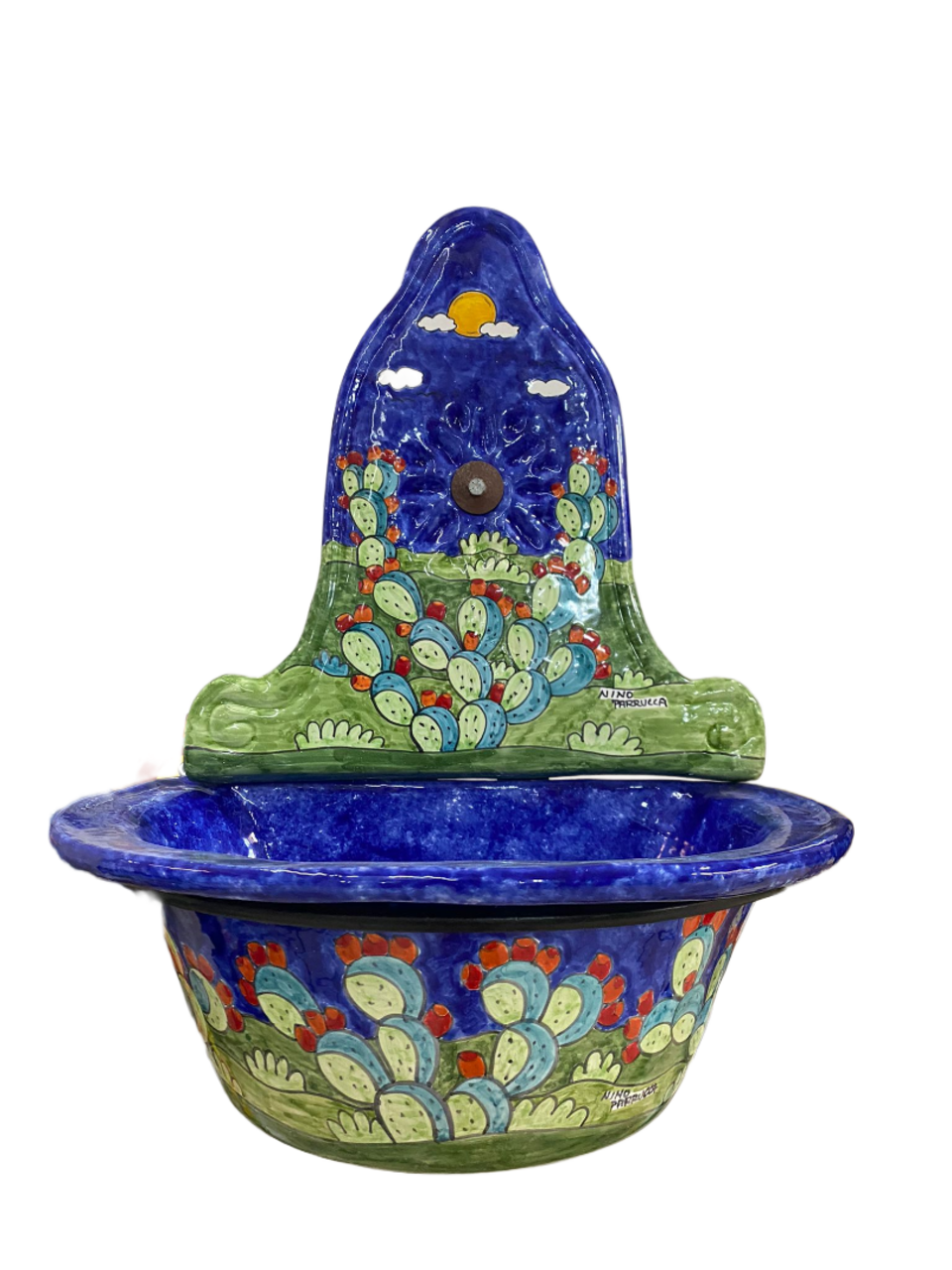 Lavabo in ceramica con parete - Pale di fichi d'india fondo blue smalto Nino Parrucca