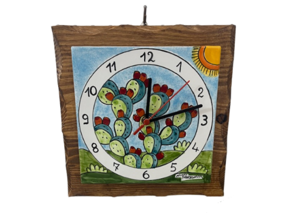 Piastra ad Orologio con base in legno  decoro Pale di fichi d'india Nino Parrucca in Legno e Ceramica