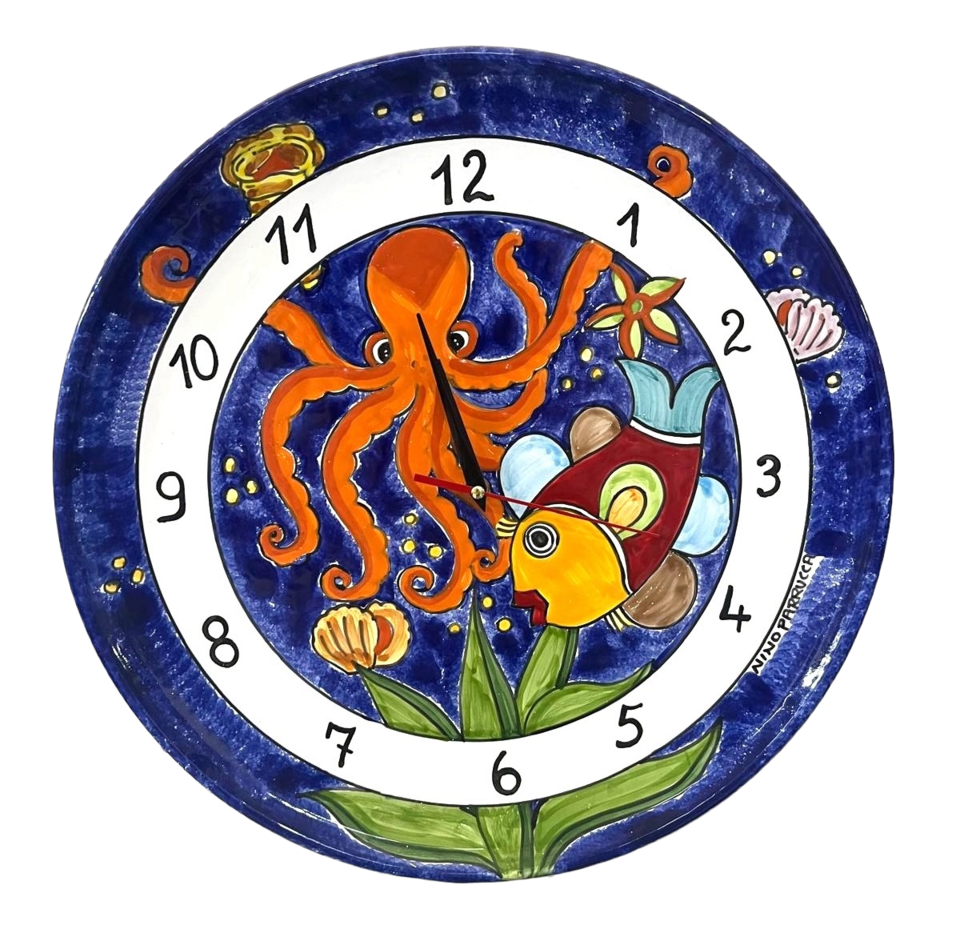 Orologio con Pesce e Polpo su piatto Nino Parrucca