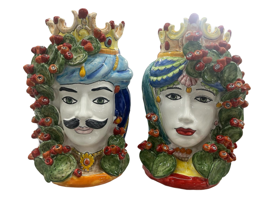 Teste di Moro H.cm.38 con pale di fichi d'india Nino Parrucca in ceramica