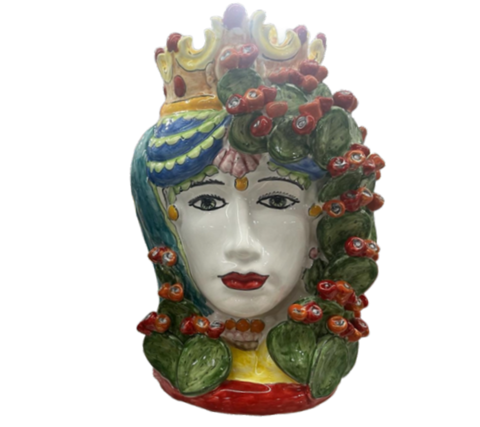 Teste di Moro H.cm.38 con pale di fichi d'india Nino Parrucca in ceramica