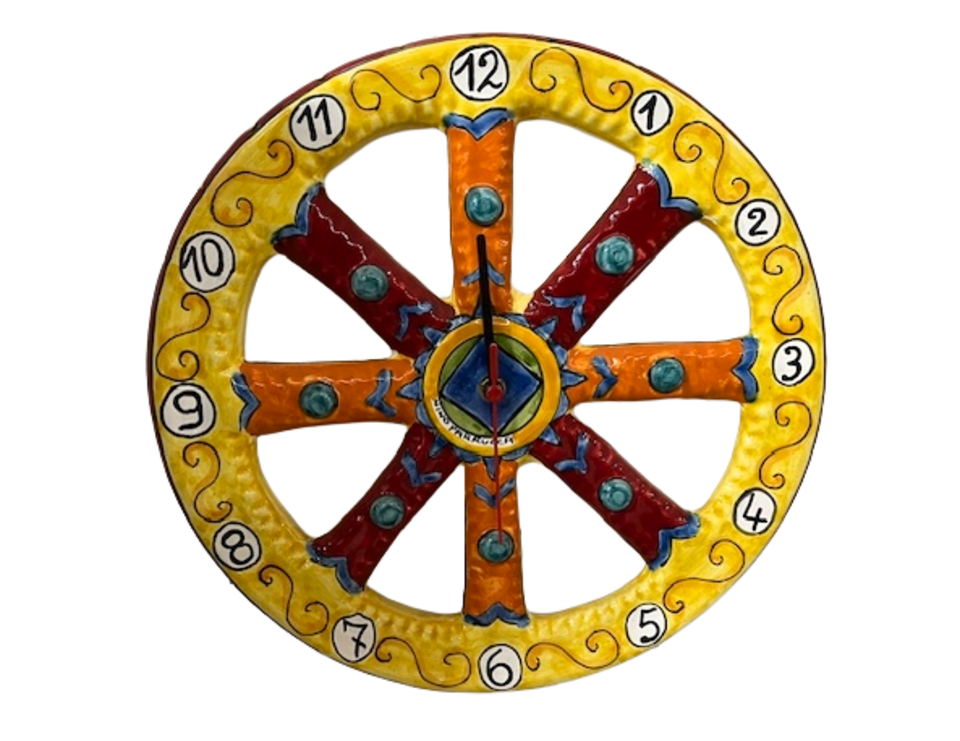 Orologio a ruota di carretto siciliano D.cm.35 Nino Parrucca in ceramica