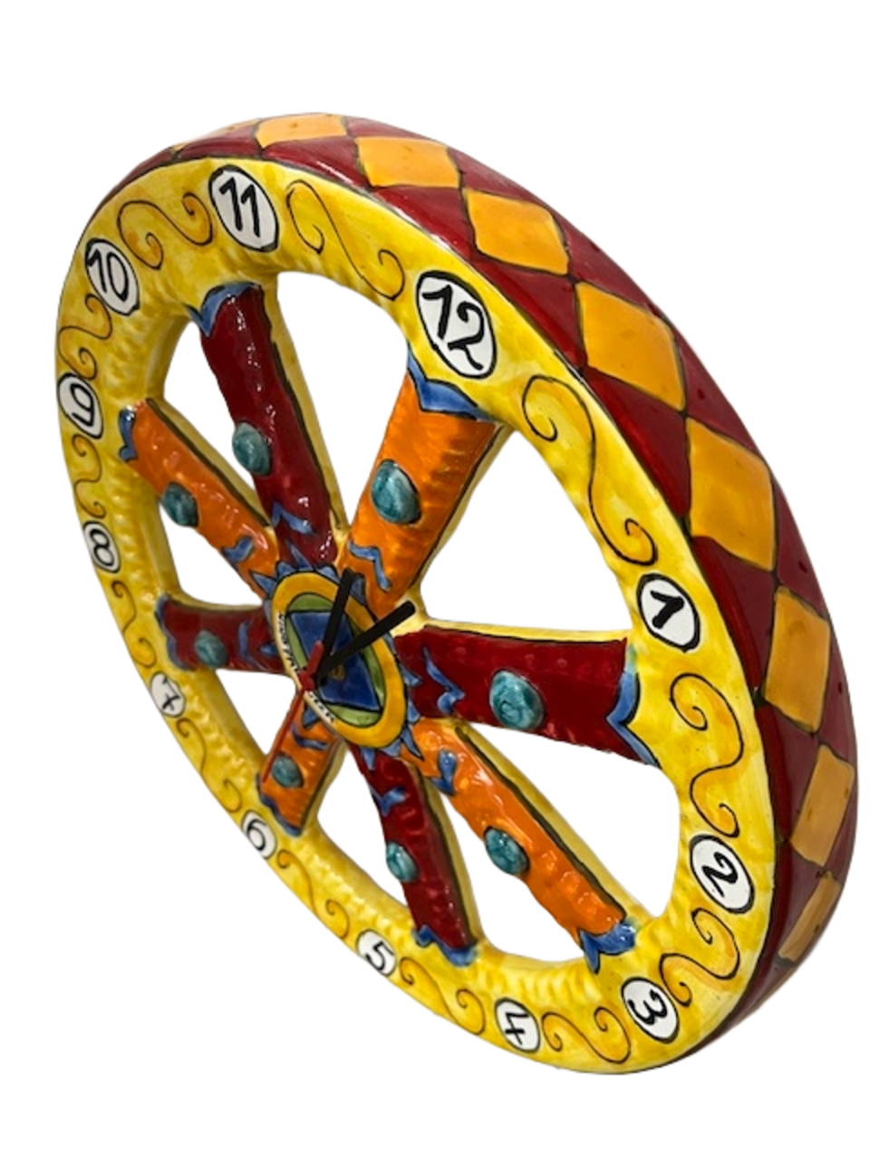 Orologio a ruota di carretto siciliano D.cm.35 Nino Parrucca in ceramica