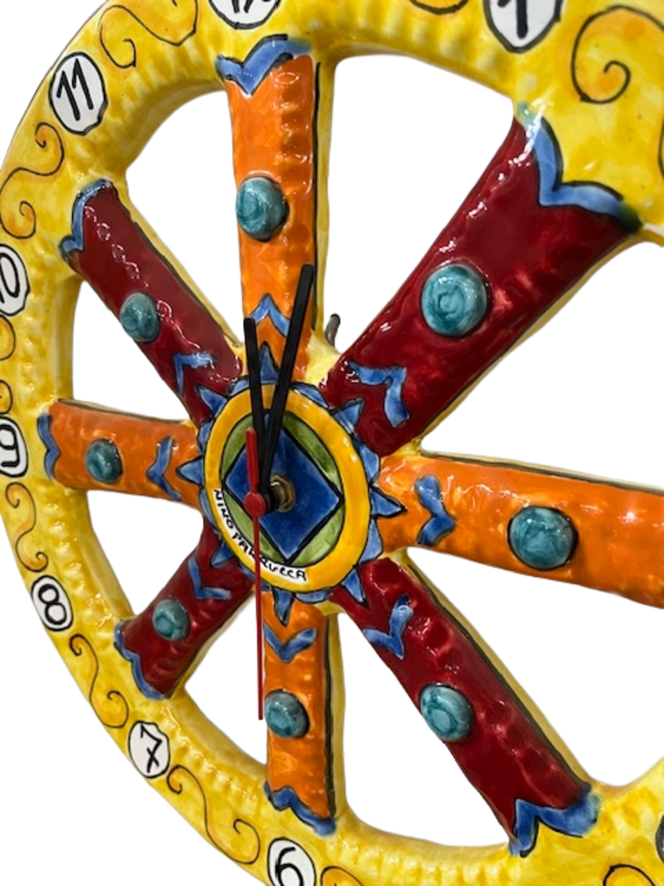 Orologio a ruota di carretto siciliano D.cm.35 Nino Parrucca in ceramica