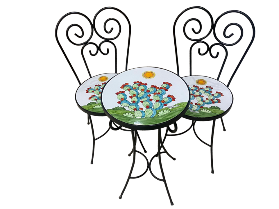 ST3 - Set tavolo e sedie - Pale di fichi d'india fondo bianco Nino Parrucca in ferro e ceramica