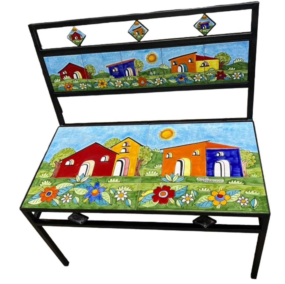 Panchina 2 Posti - Casette con fiori colorati Nino Parrucca in ferro e ceramica