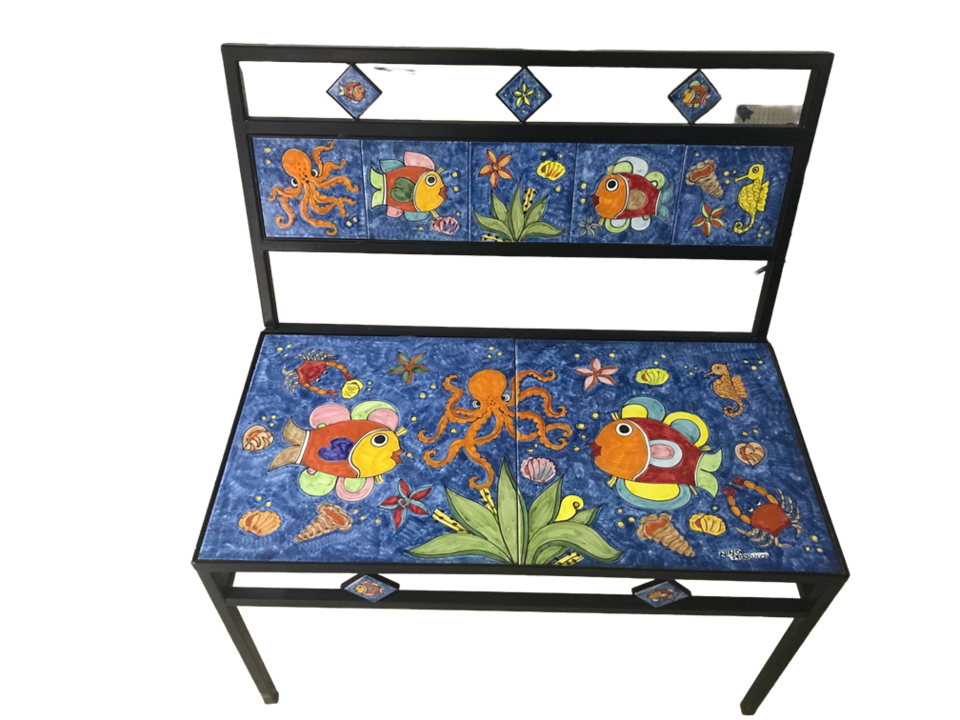 Panchina 2 Posti - Polpo e pesci mare verde-azzurro Nino Parrucca in ferro e ceramica