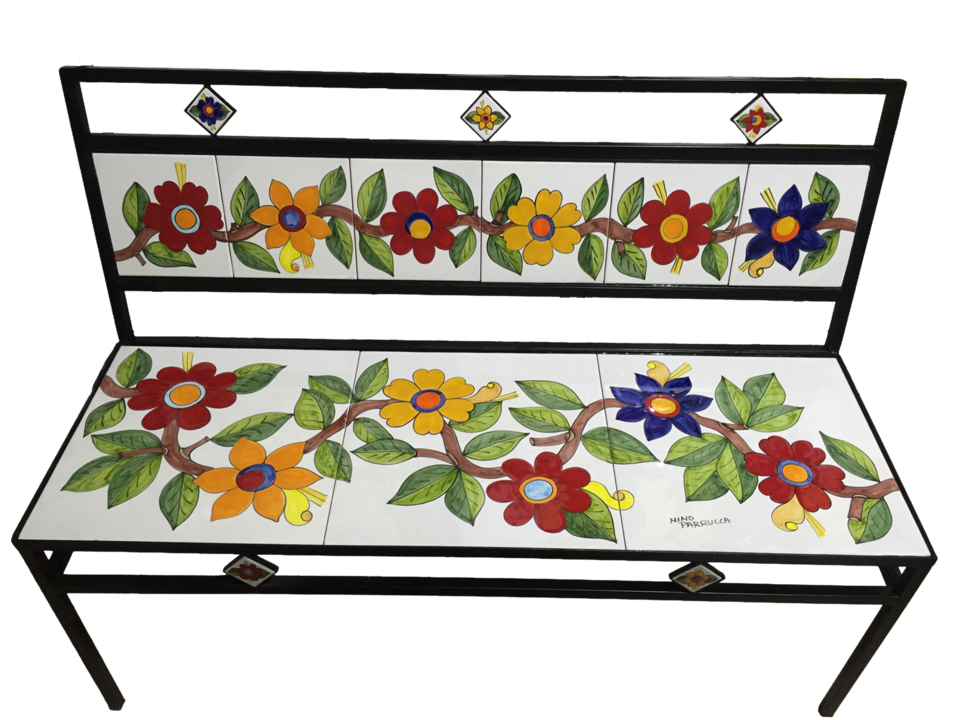 Panchina 3 Posti - Fiori grandi fondo bianco Nino Parrucca in ferro e ceramica