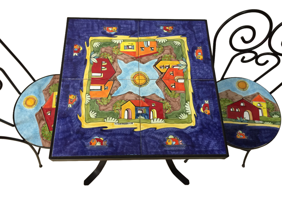 Sedia rotonda d.cm.39 - Casette con mare blu Nino Parrucca in ferro e ceramica