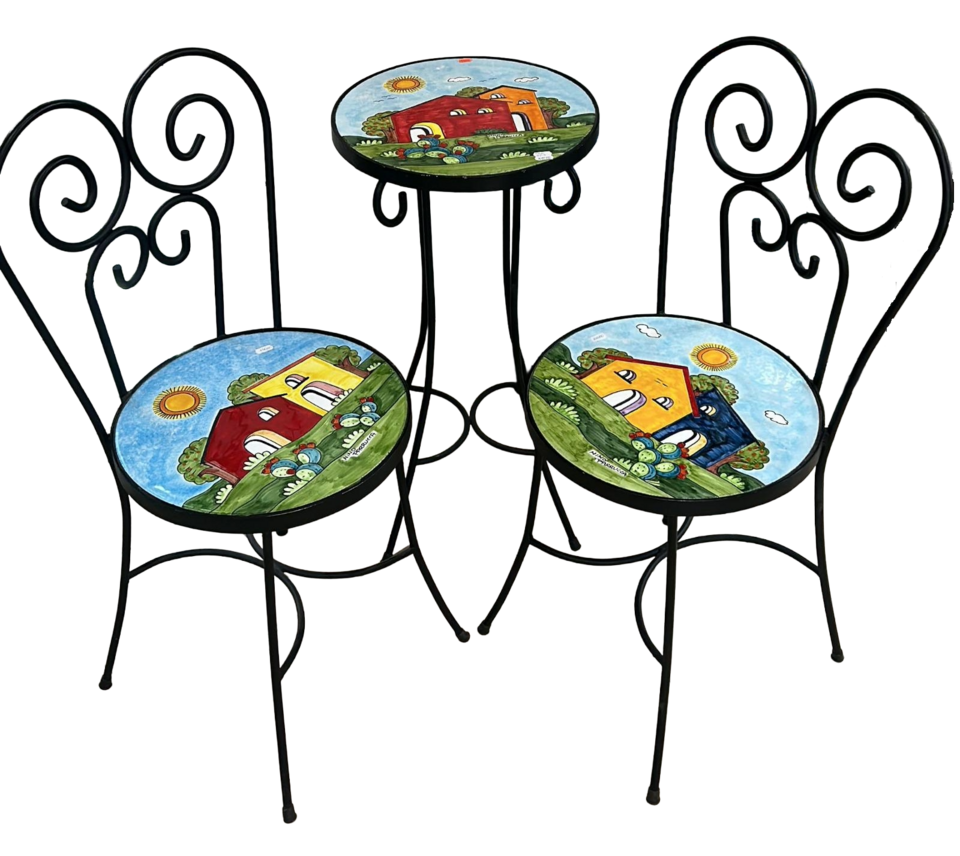 Set3 - Set tavolo tondo e sedie - Casette con pale di fichi d'india Nino Parrucca in ferro e ceramica