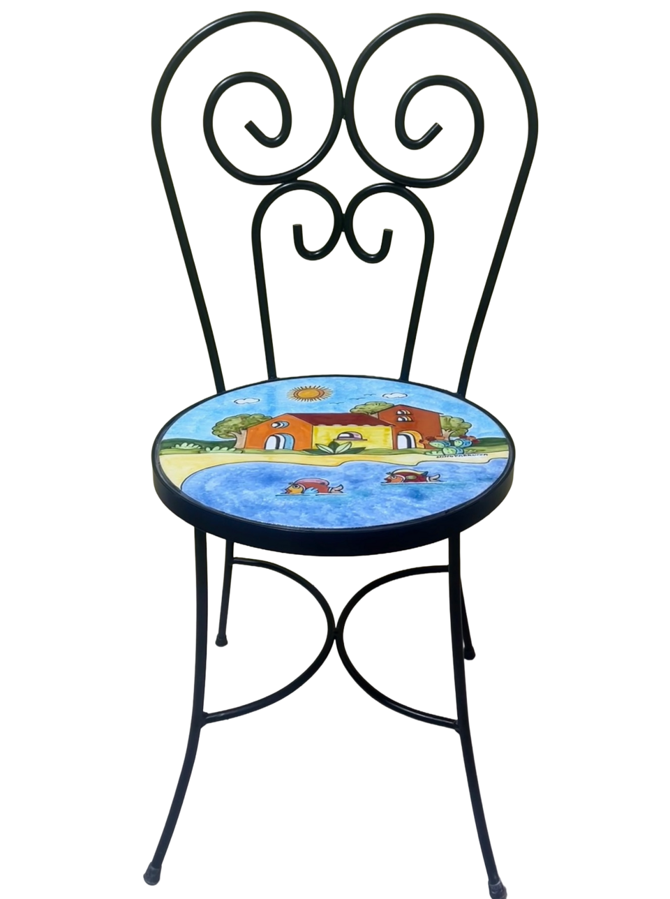 Sedia Rotonda d.cm.39 - Casette con mare azzurro, pale di fichi e pesci Nino Parrucca in ferro e ceramica