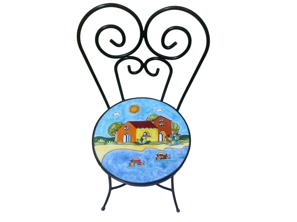 Sedia Rotonda d.cm.39 - Casette con mare azzurro, pale di fichi e pesci Nino Parrucca in ferro e ceramica