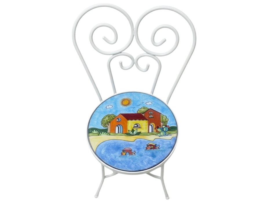 Sedia Rotonda d.cm.39 - Casette con mare azzurro, pale di fichi e pesci Nino Parrucca in ferro e ceramica