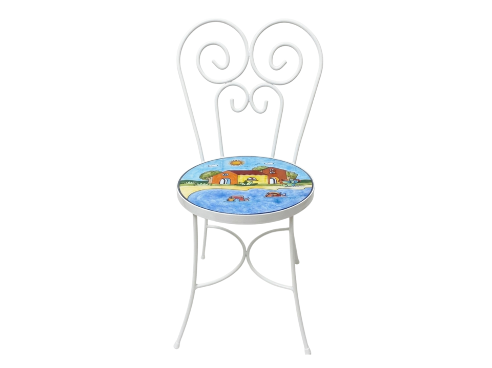 Sedia Rotonda d.cm.39 - Casette con mare azzurro, pale di fichi e pesci Nino Parrucca in ferro e ceramica