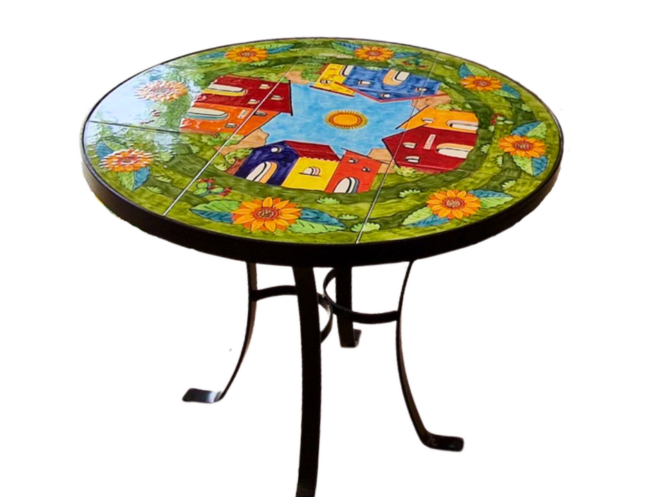 Tavolo tondo d.cm.90 - Casette con Girasoli Nino Parrucca in ferro e ceramica