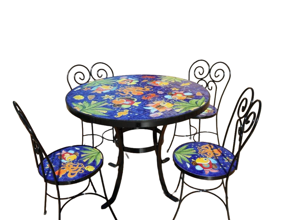 Tavolo rotondo d.cm.100 - Fondale Marino Blu Nino Parrucca in ferro e ceramica