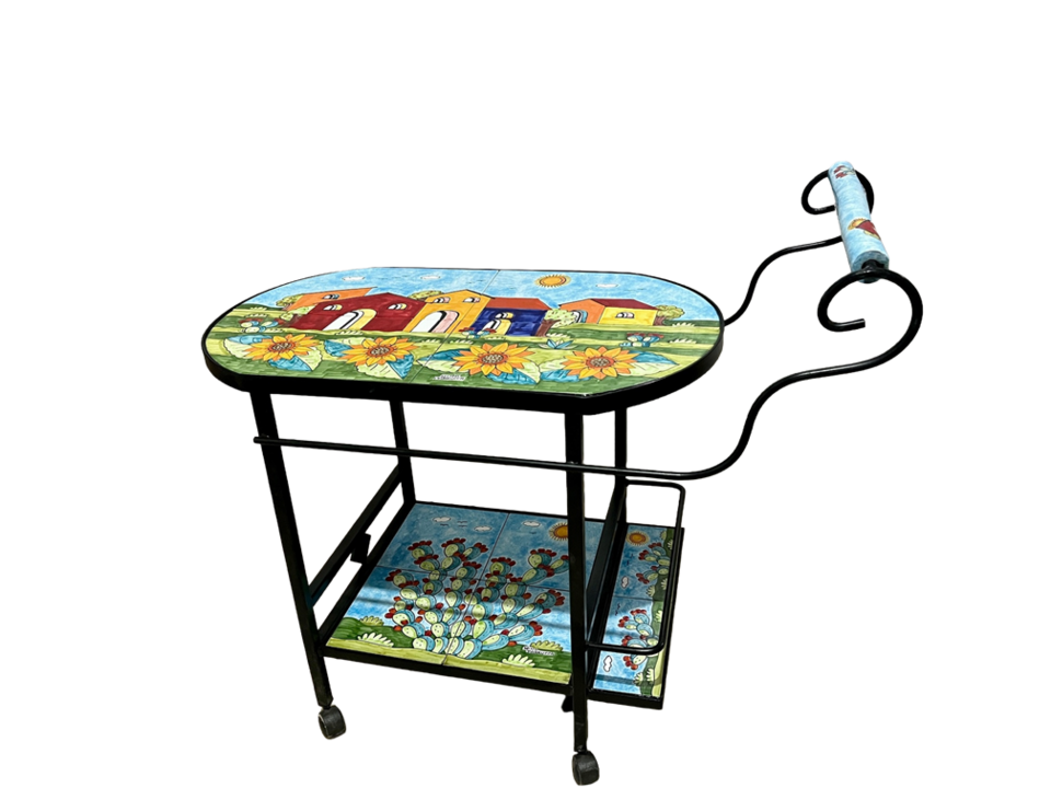 Carrello Bar - casette con girasoli e pale di fichi Nino Parrucca in ferro e ceramica