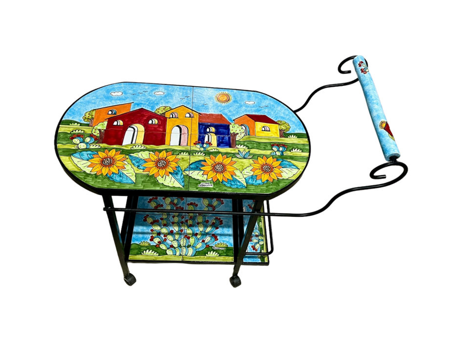 Carrello Bar - casette con girasoli e pale di fichi Nino Parrucca in ferro e ceramica