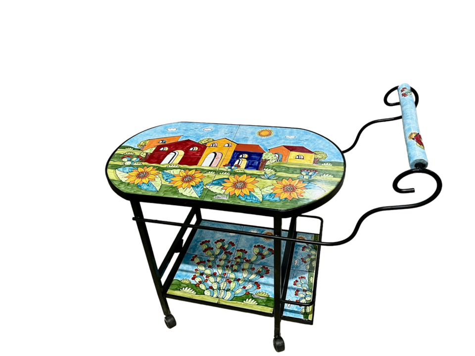Carrello Bar - casette con girasoli e pale di fichi Nino Parrucca in ferro e ceramica