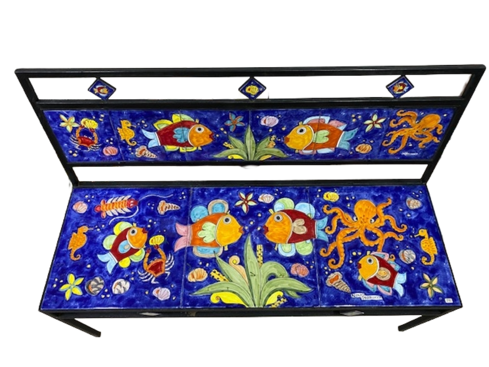 Panchina 3 Posti - Fondale marino blue smalto Nino Parrucca in ferro e ceramica