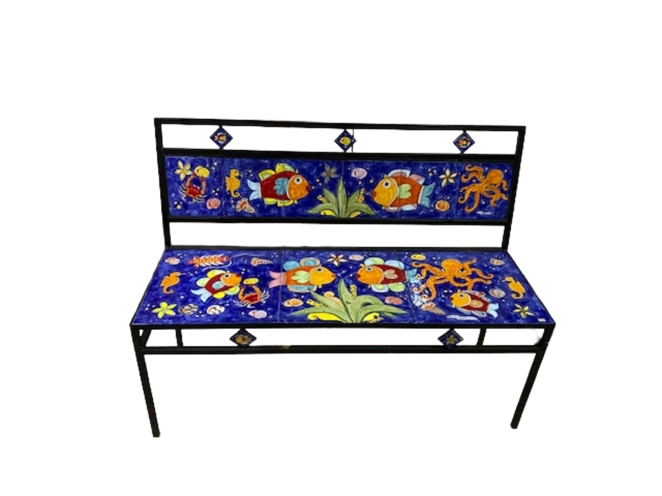 Panchina 3 Posti - Fondale marino blue smalto Nino Parrucca in ferro e ceramica