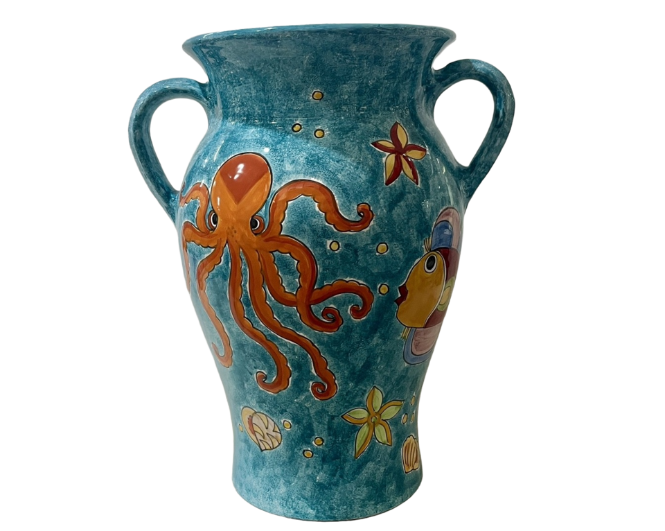 Portaombrelli ad anfora con manici - fondale marino verde smeraldo Nino Parrucca in ceramica