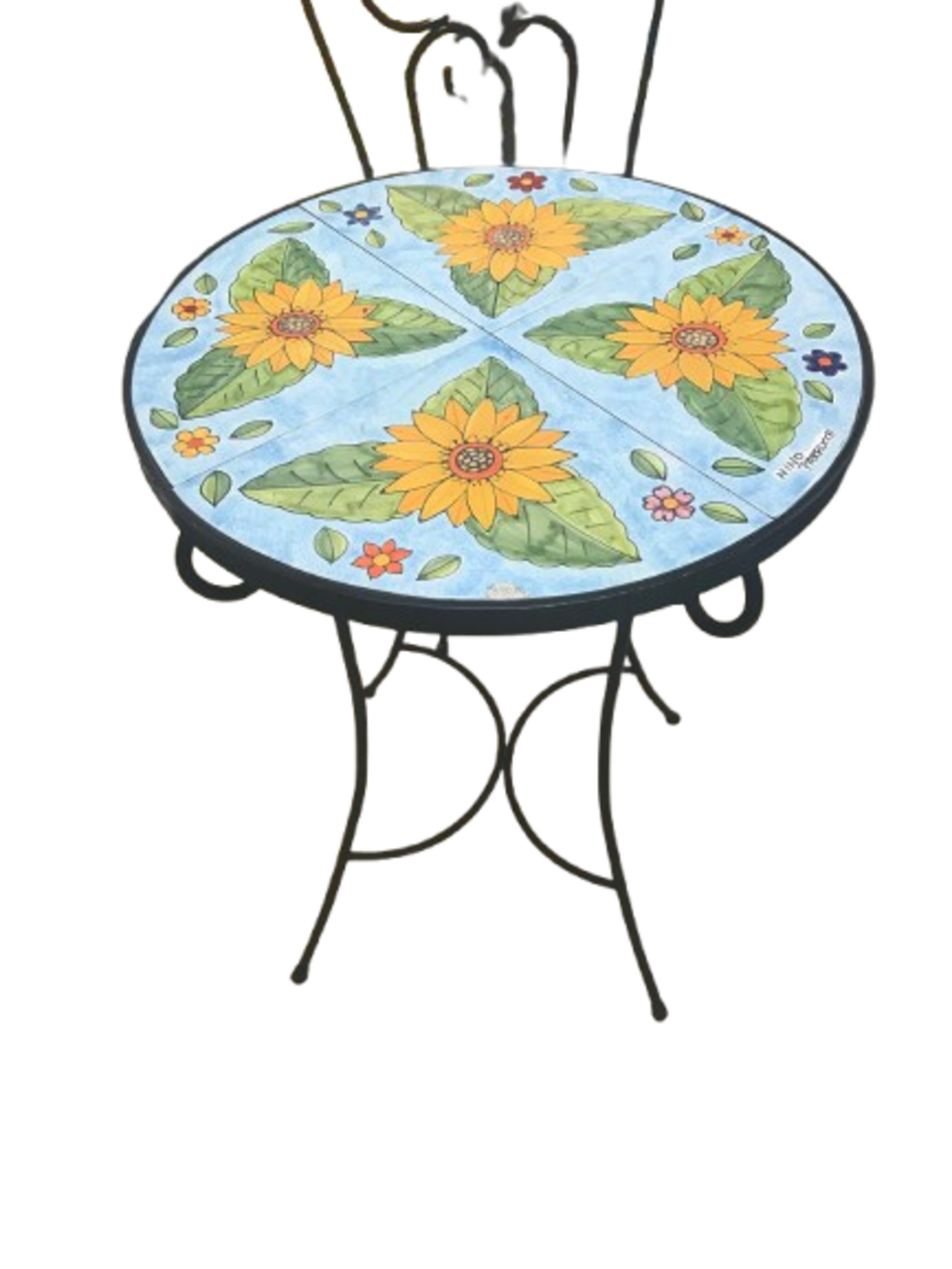 Set tavolo e 2 sedie - Girasoli fondo celeste Nino Parrucca in ferro e ceramica