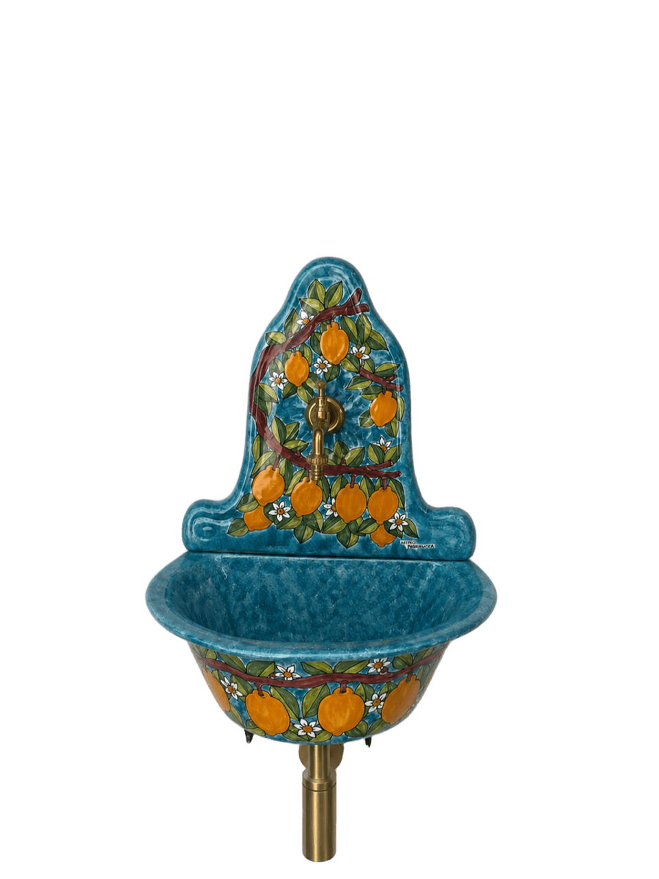 Lavabo con parete - Limoni fondo verde smeraldo Nino Parrucca in ceramica