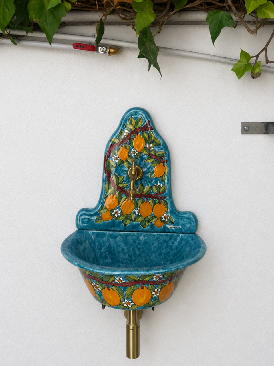 Lavabo con parete - Limoni fondo verde smeraldo Nino Parrucca in ceramica