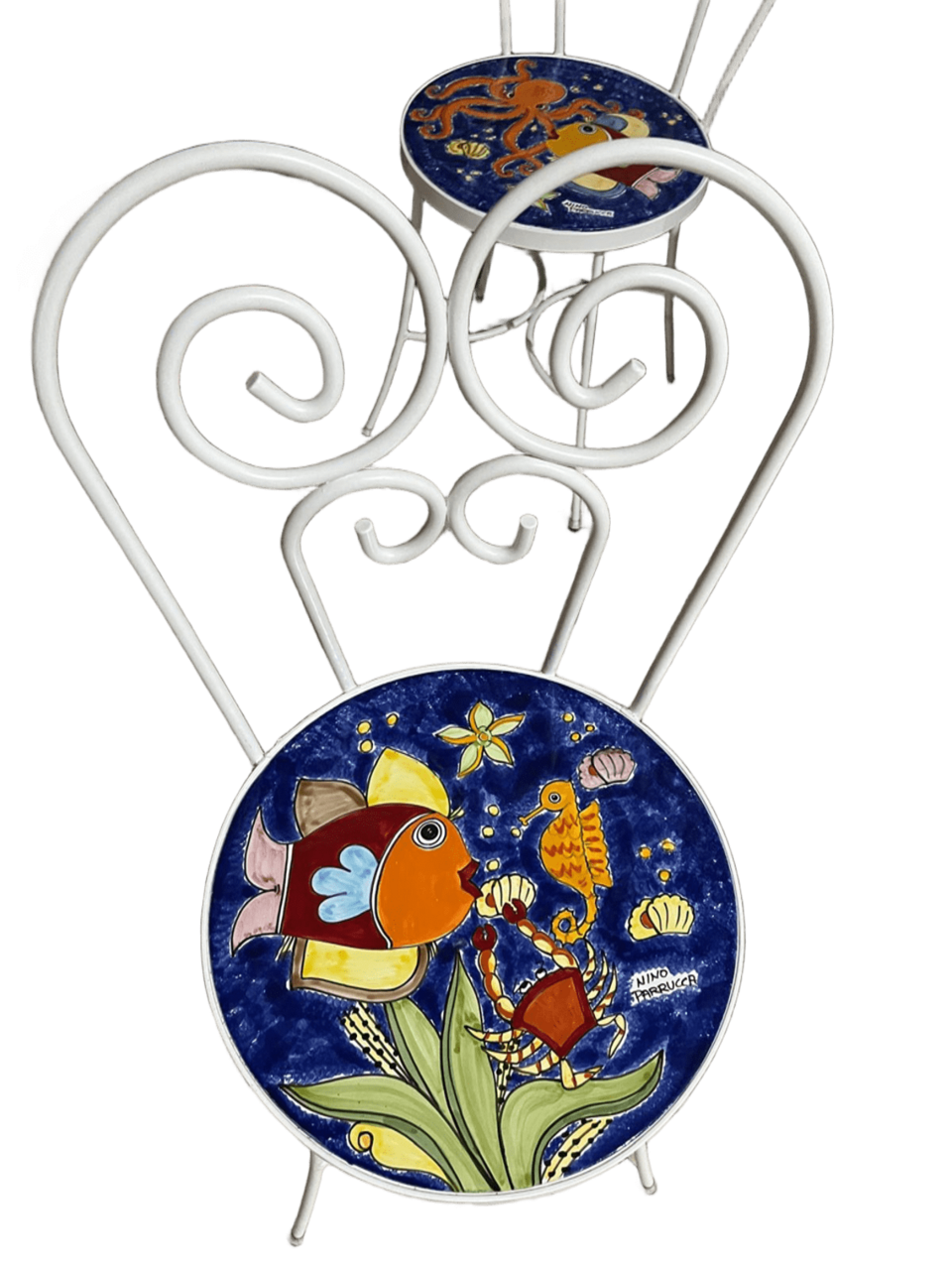 Sedia Rotonda bianca - Fondale marino blu Nino Parrucca in ferro e ceramica