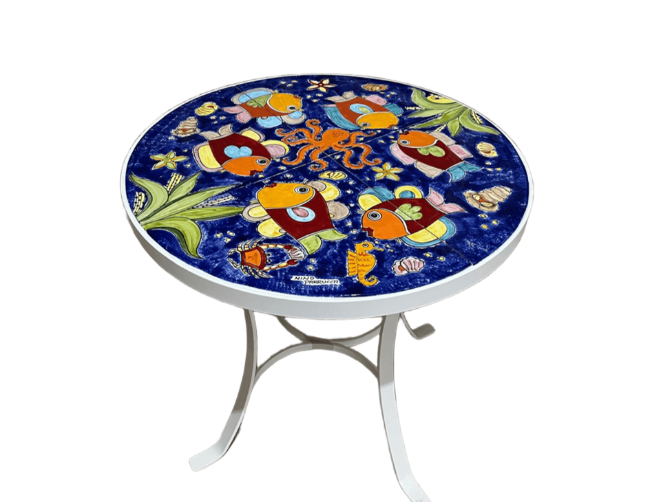 Tavolo tondo D.Cm.70 O D.Cm.80 - Fondale Marino blue smalto Nino Parrucca in ferro e ceramica